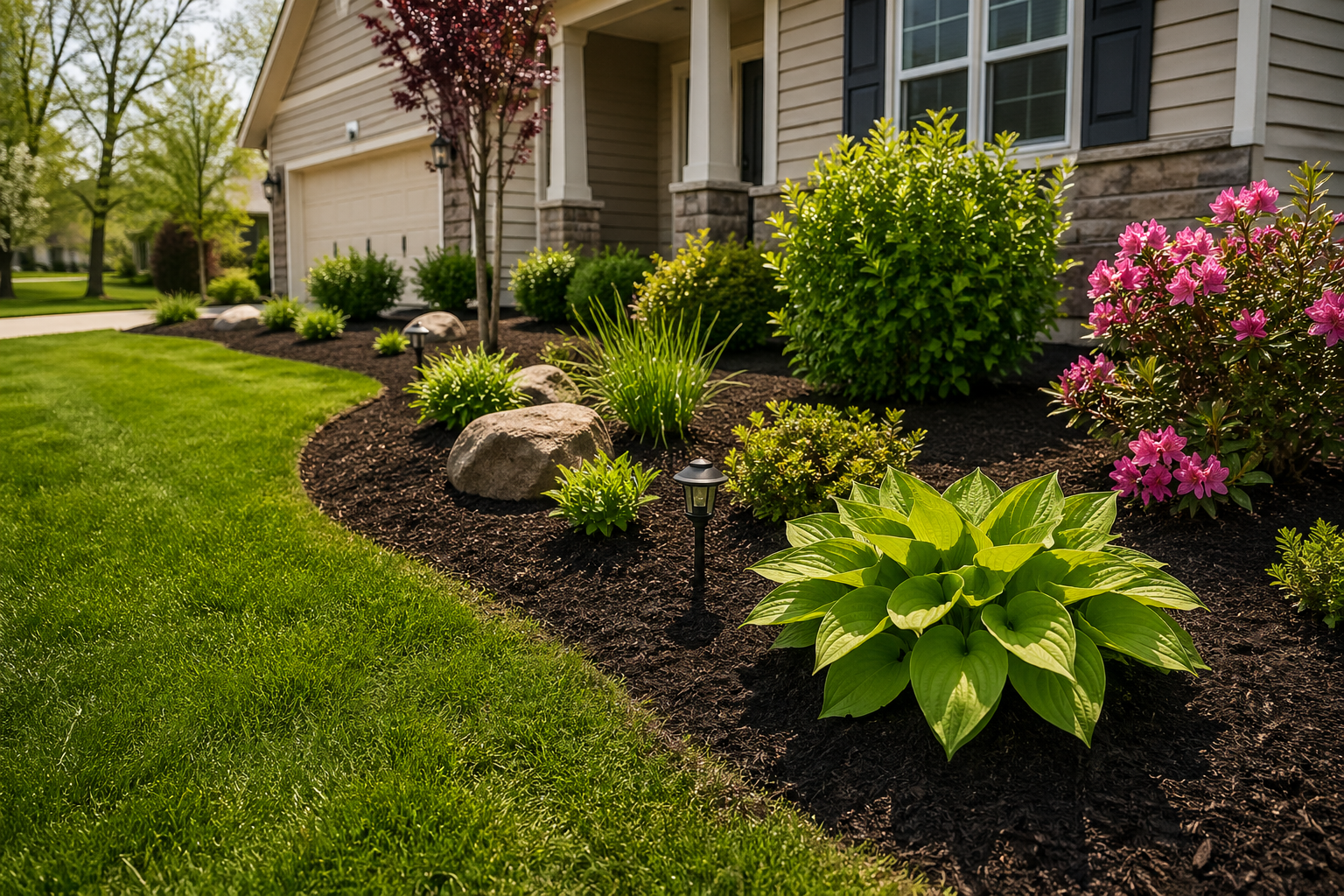 Freshly mulched and edged landscape beds at a Lester Prairie home featuring hostas and flowering azaleas, with clean borders and healthy spring growth.